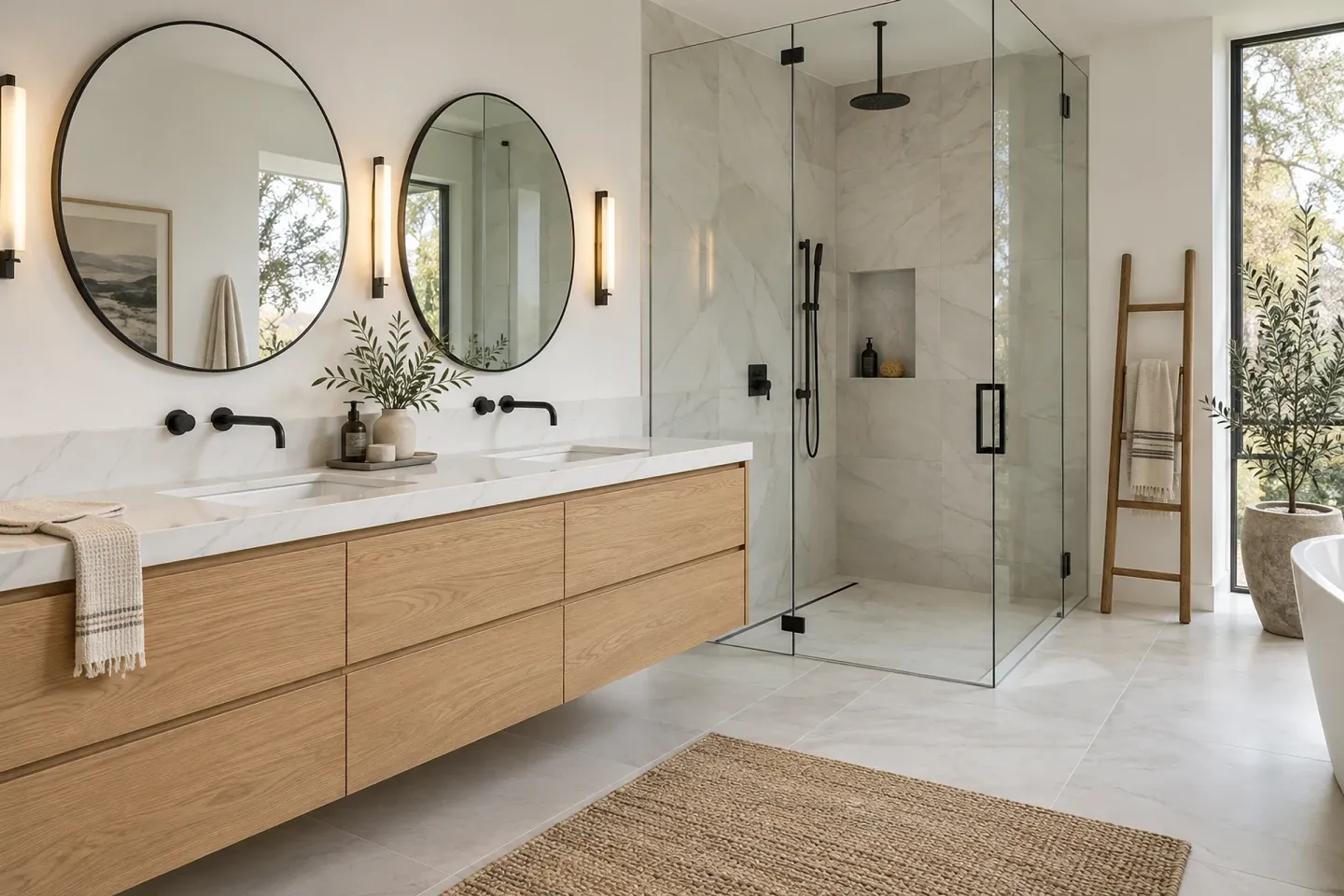 Bathroom with a floating white oak double vanity, round mirrors and a glass shower