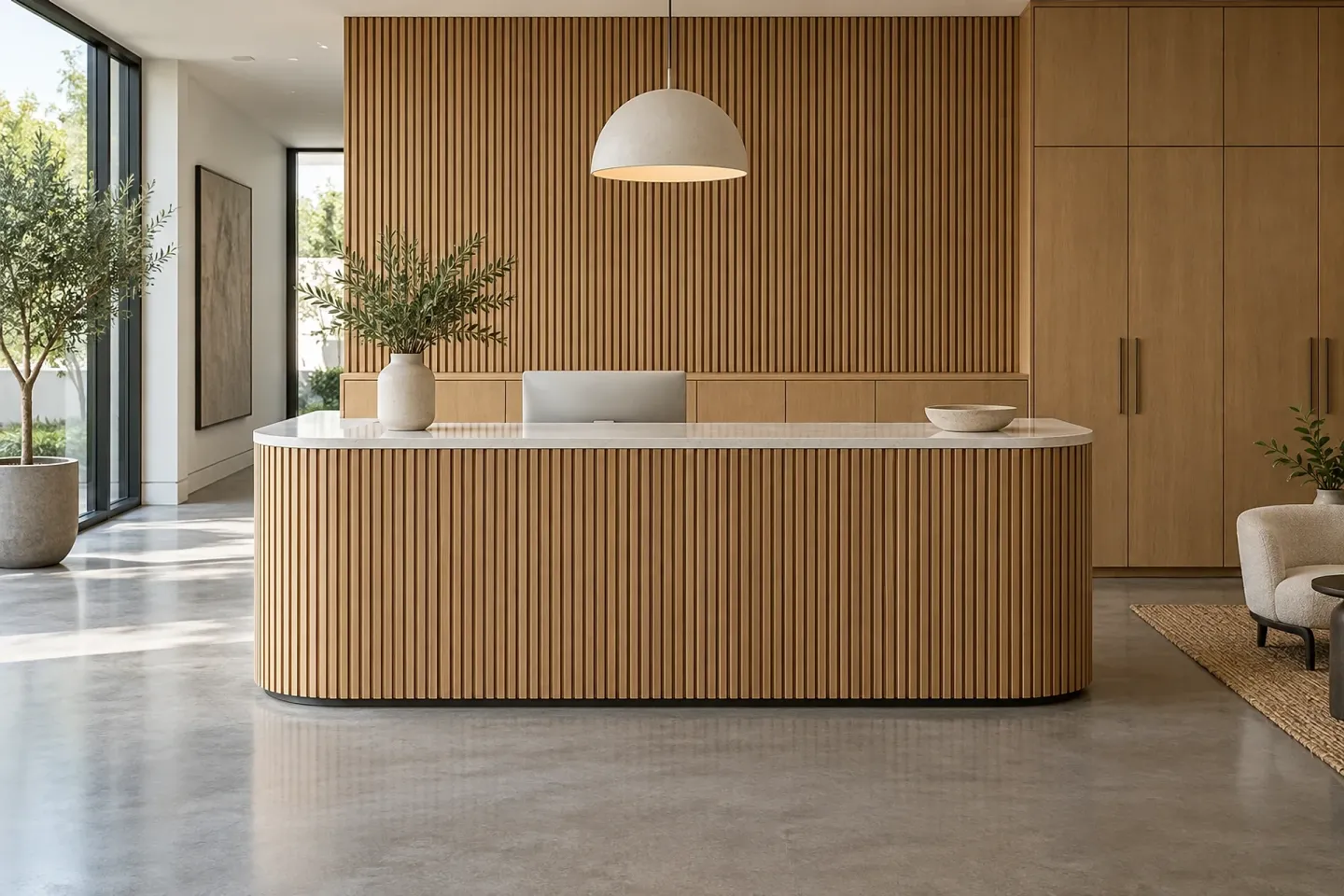 Reception area with a curved fluted oak desk and oak wall panelling