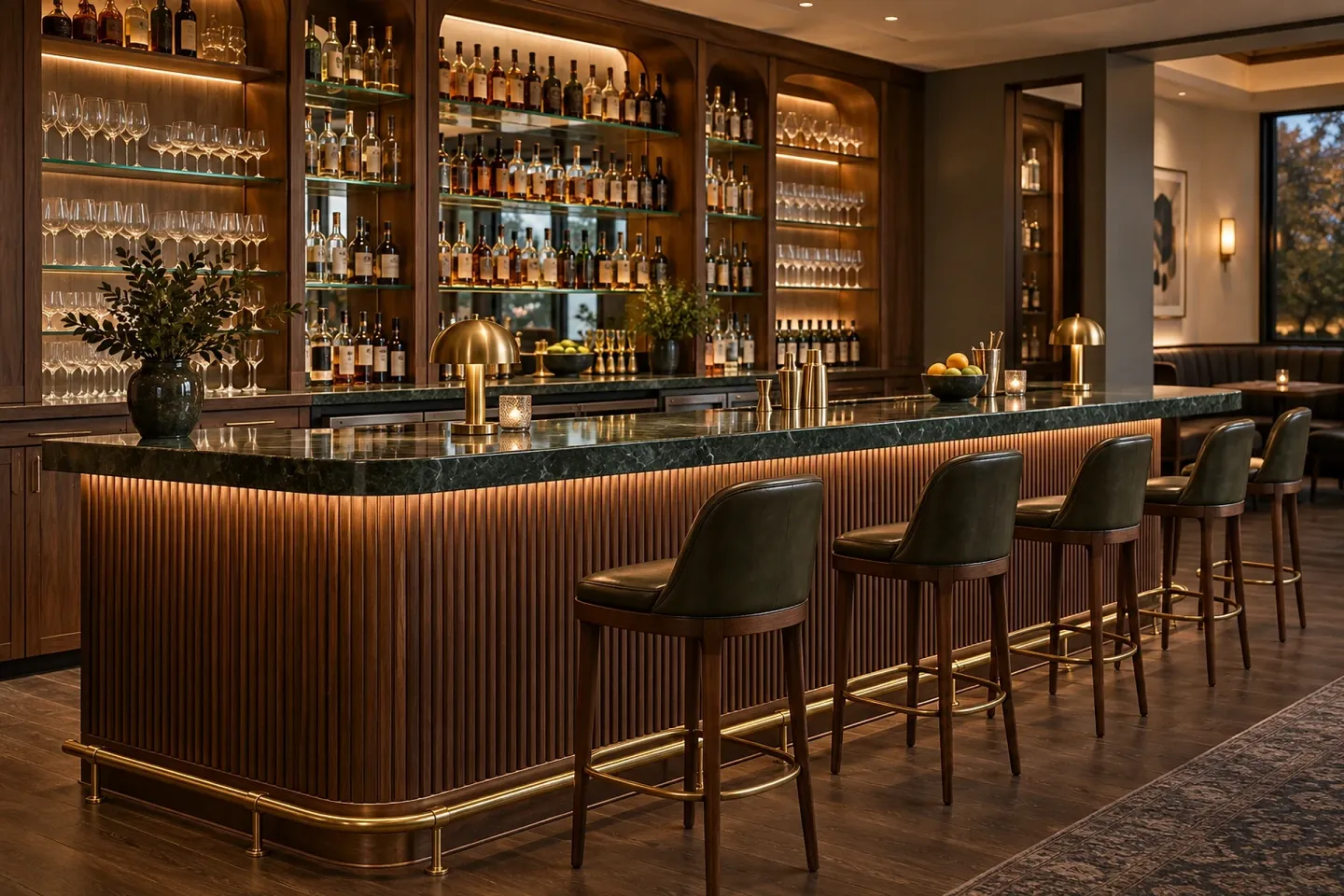 Restaurant bar with a fluted walnut front, green stone top and lit back-bar shelving