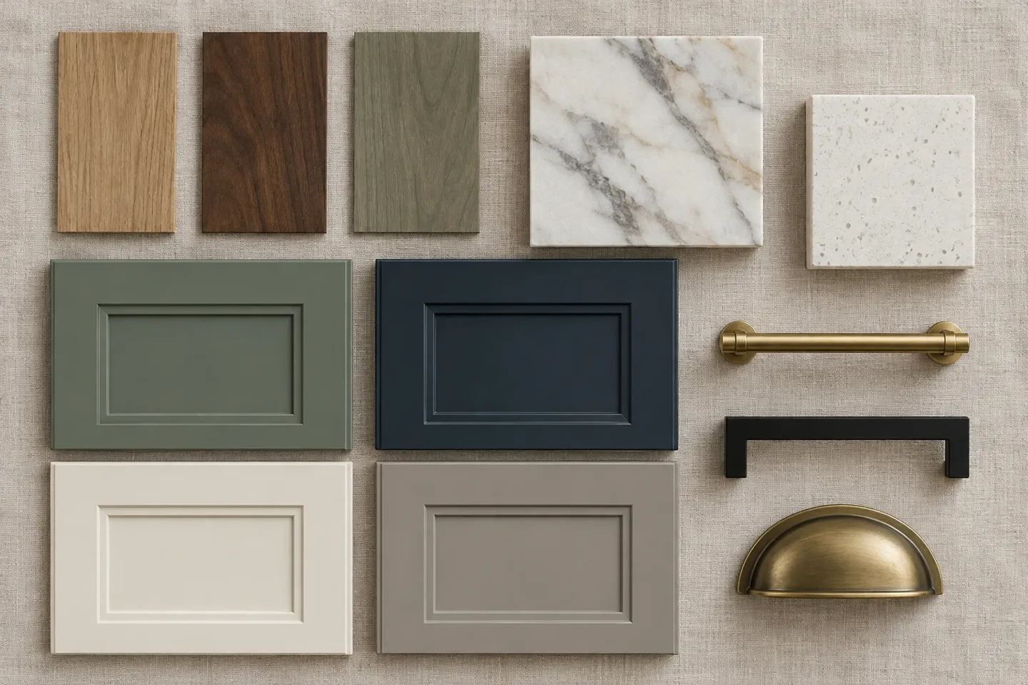 Veneer, painted door, stone and hardware samples on a table