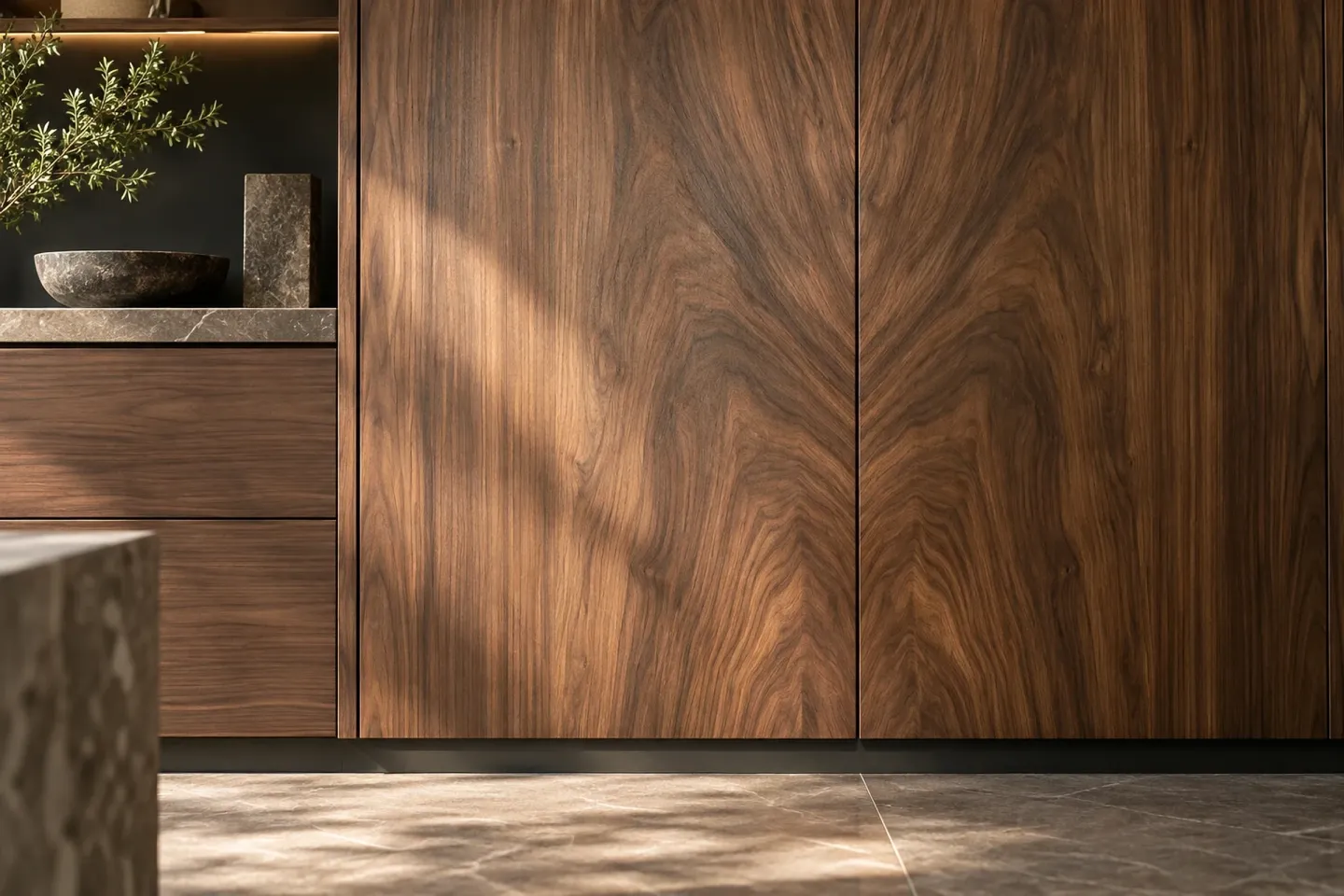 Walnut veneer cabinet doors with the grain matched across neighbouring doors