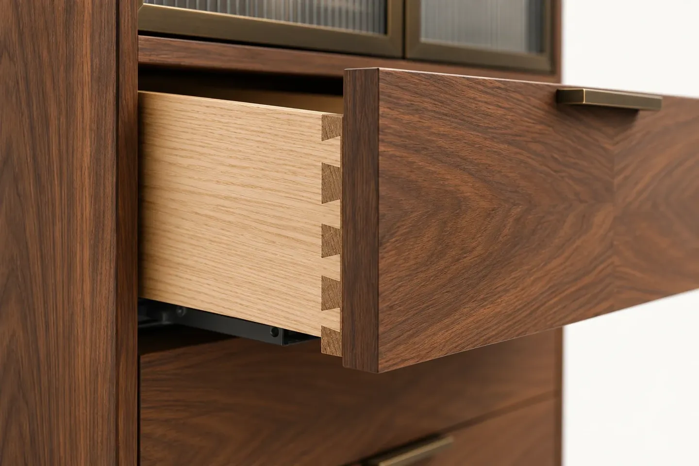 Close-up of the open drawer: a dovetailed white oak box behind a walnut front with a bronze pull