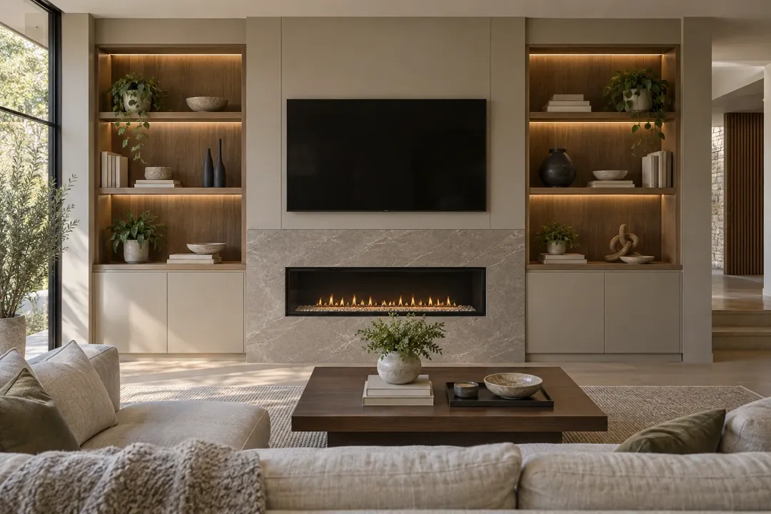 Media wall with a linear fireplace between lit wood bookcases