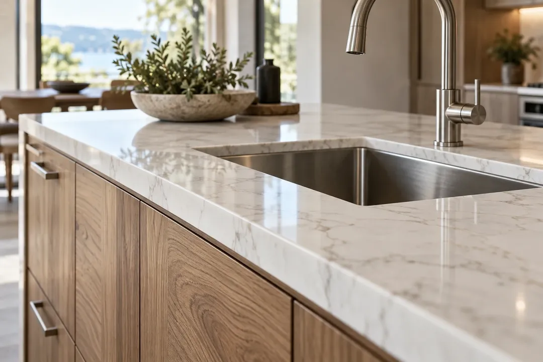 Undermount sink in a marble-look countertop with an eased edge