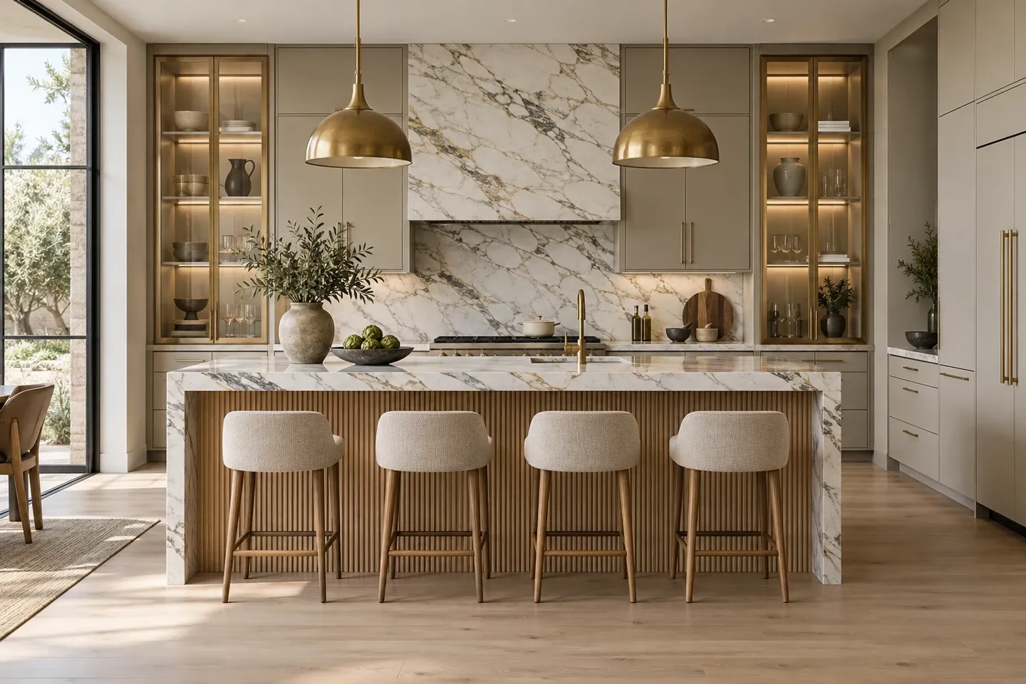 Kitchen with a fluted white oak island and lit display cabinets on either side of a marble hood