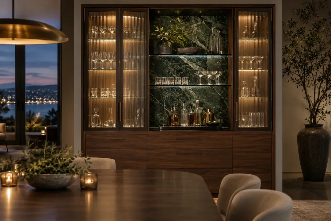Bar cabinet with fluted glass doors and lit shelves against green marble