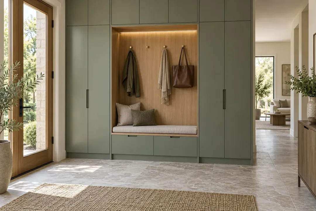 Sage green entry cabinets around a lit white oak bench niche