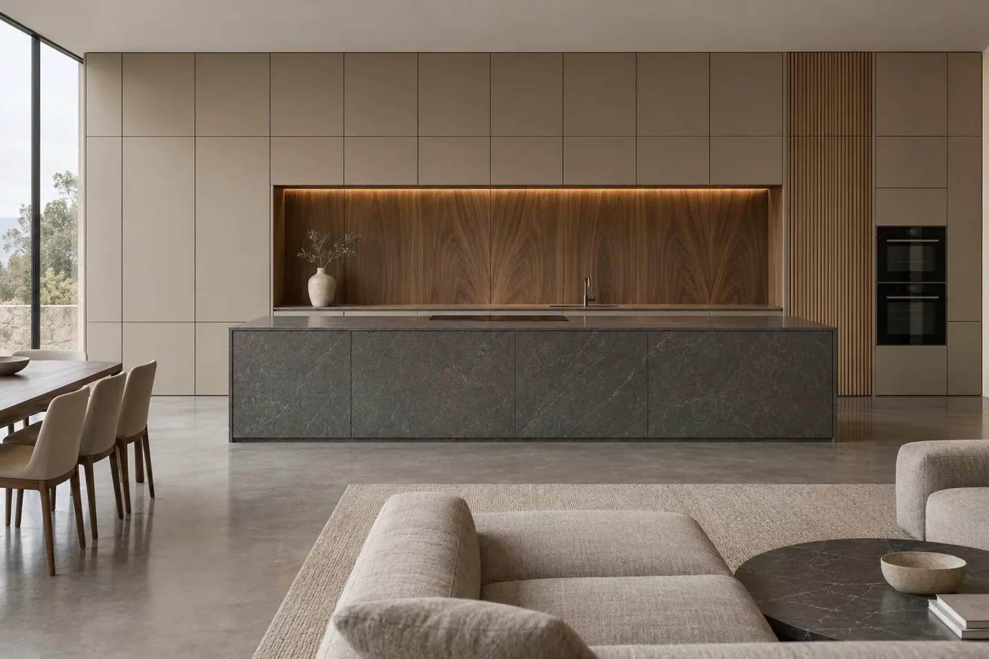 Floor-to-ceiling handleless greige cabinets around a lit walnut niche, with a dark stone island in front