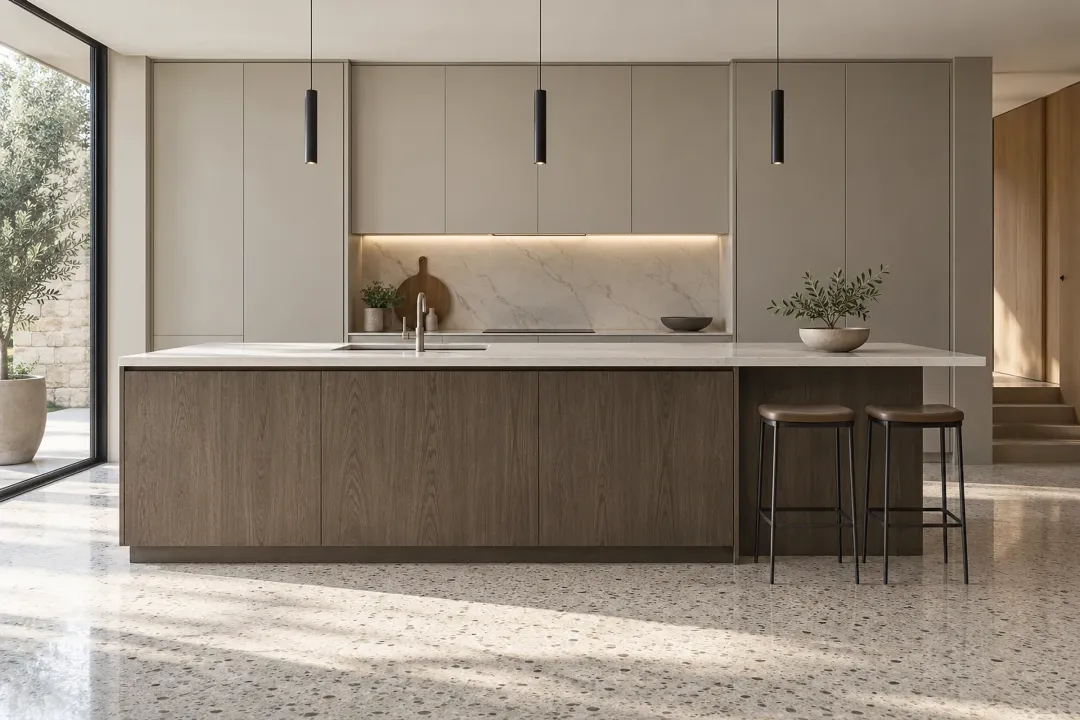 Smoked oak kitchen island with a thin white quartz top under three black pendants