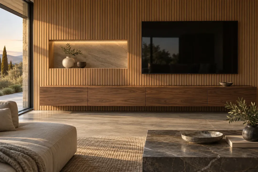 Low walnut media console against a wall of vertical oak slats