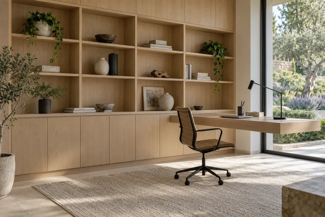 Pale oak built-in shelving and cabinets with a desk beside a garden window