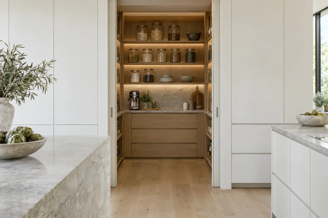 Pocket doors open onto a lit oak pantry in a white kitchen