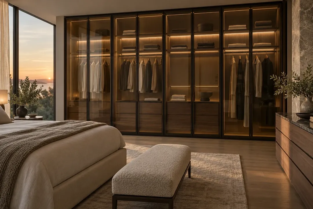 Bedroom wardrobe wall with bronze-tinted glass doors lit from inside