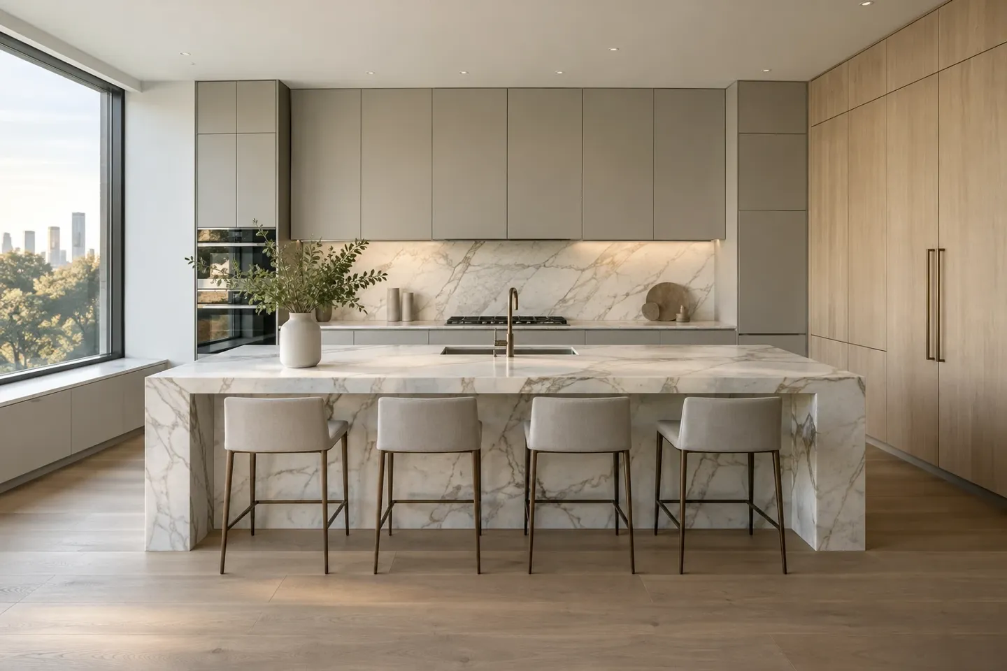Warm grey kitchen with a marble island