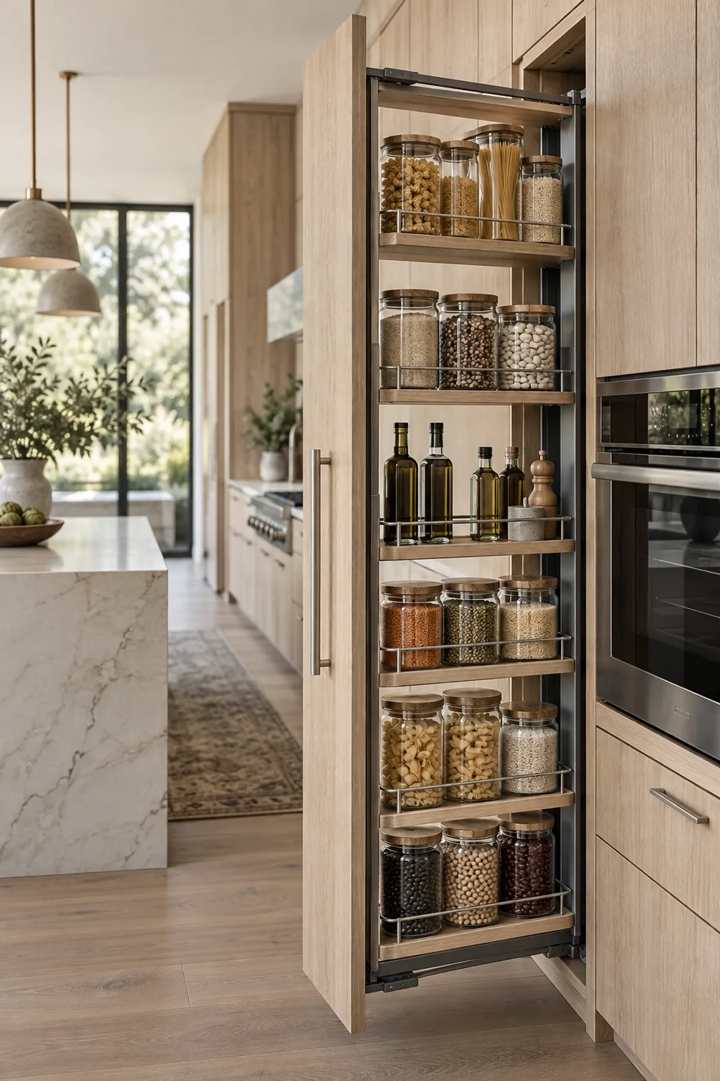 Oak tall wall with a coffee station